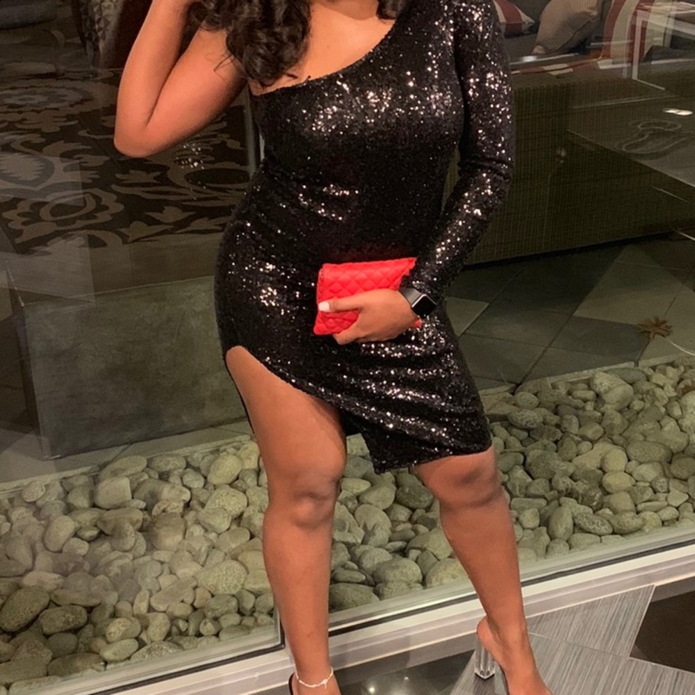 Black Sequin Shoulder Dress
